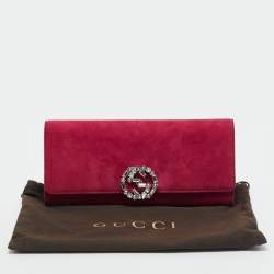 Pre Owned Gucci Pink Suede Interlocking Crystals Broadway Clutch