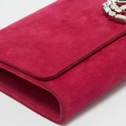Pre Owned Gucci Pink Suede Interlocking Crystals Broadway Clutch
