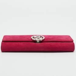 Pre Owned Gucci Pink Suede Interlocking Crystals Broadway Clutch