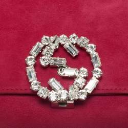 Pre Owned Gucci Pink Suede Interlocking Crystals Broadway Clutch