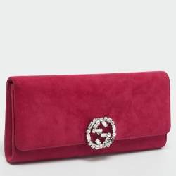 Pre Owned Gucci Pink Suede Interlocking Crystals Broadway Clutch