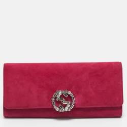 Pre Owned Gucci Pink Suede Interlocking Crystals Broadway Clutch