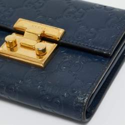 Pre Owned Gucci Navy Blue Guccissima Leather Pushlock Trifold Wallet