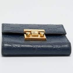 Pre Owned Gucci Navy Blue Guccissima Leather Pushlock Trifold Wallet