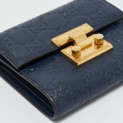 Pre Owned Gucci Navy Blue Guccissima Leather Pushlock Trifold Wallet