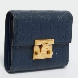 Pre Owned Gucci Navy Blue Guccissima Leather Pushlock Trifold Wallet