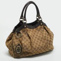 Pre Owned Gucci Brown/Beige GG Canvas and Leather Medium Sukey Tote