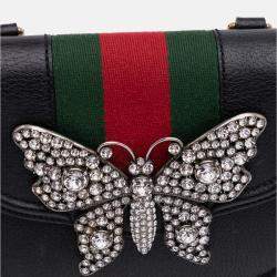 Pre Owned Gucci Black Small Leather Linea Totem Crystal Butterfly Crossbody