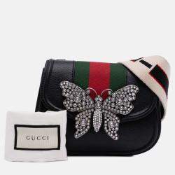 Pre Owned Gucci Black Small Leather Linea Totem Crystal Butterfly Crossbody