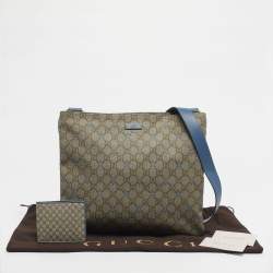 Pre Owned Gucci Blue/Beige GG Supreme Stars Canvas and Leather Flat Messenger Bag