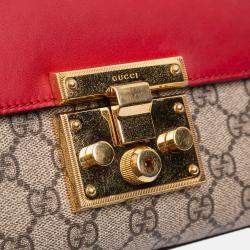 Pre Owned Gucci Brown Red Small GG Supreme Padlock Crossbody