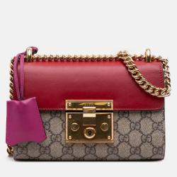 Pre Owned Gucci Brown Red Small GG Supreme Padlock Crossbody