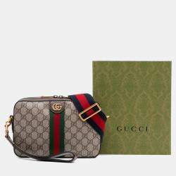 Pre Owned Gucci Beige Brown Small GG Supreme Web Ophidia Crossbody