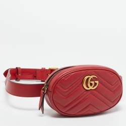 Pre Owned Gucci Red Matelassé Leather GG Marmont Belt Bag