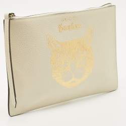 Pre Owned Gucci Ivory Leather Garden Cat Zip Pouch