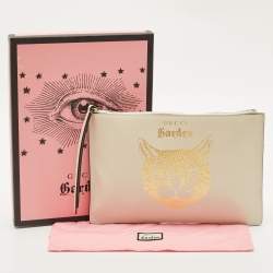 Pre Owned Gucci Ivory Leather Garden Cat Zip Pouch