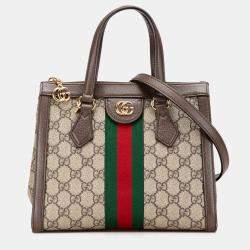 Pre Owned Gucci Beige Brown Small GG Supreme Ophidia Satchel