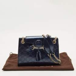 Pre Owned Gucci Navy Blue Guccissima Patent Leather Small Emily Chain Shoulder Bag