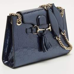 Pre Owned Gucci Navy Blue Guccissima Patent Leather Small Emily Chain Shoulder Bag