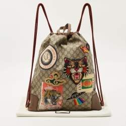 Pre Owned Gucci Brown/Beige GG Supreme Canvas Patchwork Drawstring Convertible Tote/Backpack