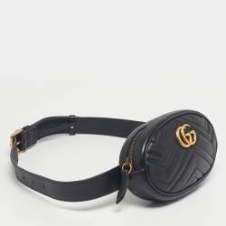 Pre Owned Gucci Black Matelassé Leather GG Marmont Belt Bag