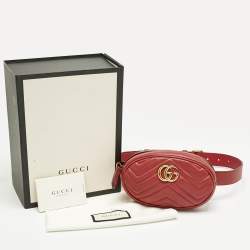 Pre Owned Gucci Red Matelassé Leather GG Marmont Belt Bag