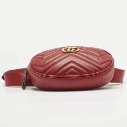 Pre Owned Gucci Red Matelassé Leather GG Marmont Belt Bag