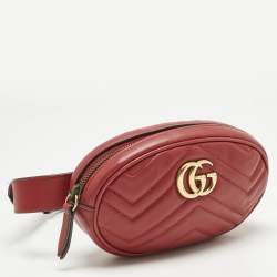 Pre Owned Gucci Red Matelassé Leather GG Marmont Belt Bag