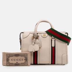 Pre Owned Gucci White Medium Calfskin Web Bauletto Top Handle Bag