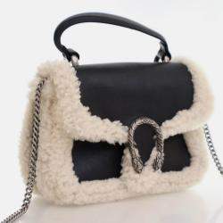 Pre Owned Gucci Mini Beige/Black Calf Leather Shearling Dionysus Top Handle