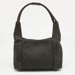 Pre Owned Gucci Dark Brown GG Canvas and Leather Zip Shoulder Bag