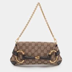 Pre Owned Gucci Beige GG Canvas and Leather Horsebit Chain Clutch