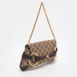 Pre Owned Gucci Beige GG Canvas and Leather Horsebit Chain Clutch
