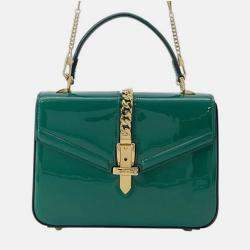 Pre Owned Gucci Green Mini Patent Sylvie 1969 Top Handle Bag