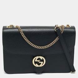 Pre Owned Gucci Black Leather Dollar Interlocking G Shoulder Bag