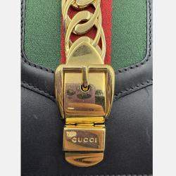 Pre Owned Gucci Black Leather Mini Web Chain Sylvie Shoulder Bag