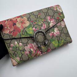 Pre Owned Gucci Blue/Beige GG Blooms Supreme Canvas and Leather Dionysus Wallet On Chain