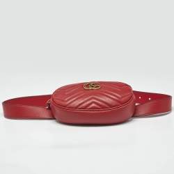 Pre Owned Gucci Red Matelassé Leather GG Marmont Belt Bag