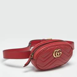 Pre Owned Gucci Red Matelassé Leather GG Marmont Belt Bag