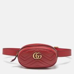 Pre Owned Gucci Red Matelassé Leather GG Marmont Belt Bag