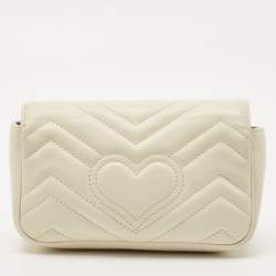 Pre Owned Gucci Off White Matelassé Leather Super Mini GG Marmont Shoulder Bag