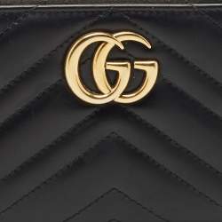 Pre Owned Gucci Black Matelassé Leather GG Marmont Zip Around Wallet