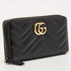 Pre Owned Gucci Black Matelassé Leather GG Marmont Zip Around Wallet