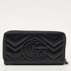Pre Owned Gucci Black Matelassé Leather GG Marmont Zip Around Wallet