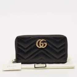 Pre Owned Gucci Black Matelassé Leather GG Marmont Zip Around Wallet