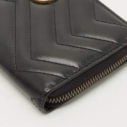 Pre Owned Gucci Black Matelassé Leather GG Marmont Zip Around Wallet
