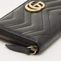 Pre Owned Gucci Black Matelassé Leather GG Marmont Zip Around Wallet