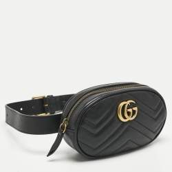 Pre Owned Gucci Black Matelassé Leather GG Marmont Belt Bag