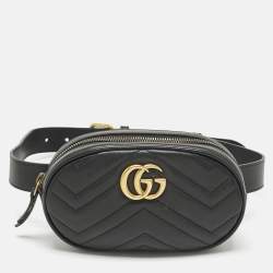 Pre Owned Gucci Black Matelassé Leather GG Marmont Belt Bag