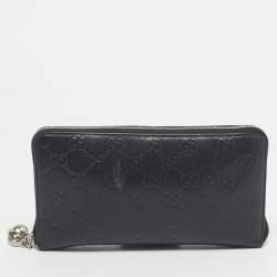 Pre Owned Gucci Black Guccissima Leather GG Twins Zip Around Wallet